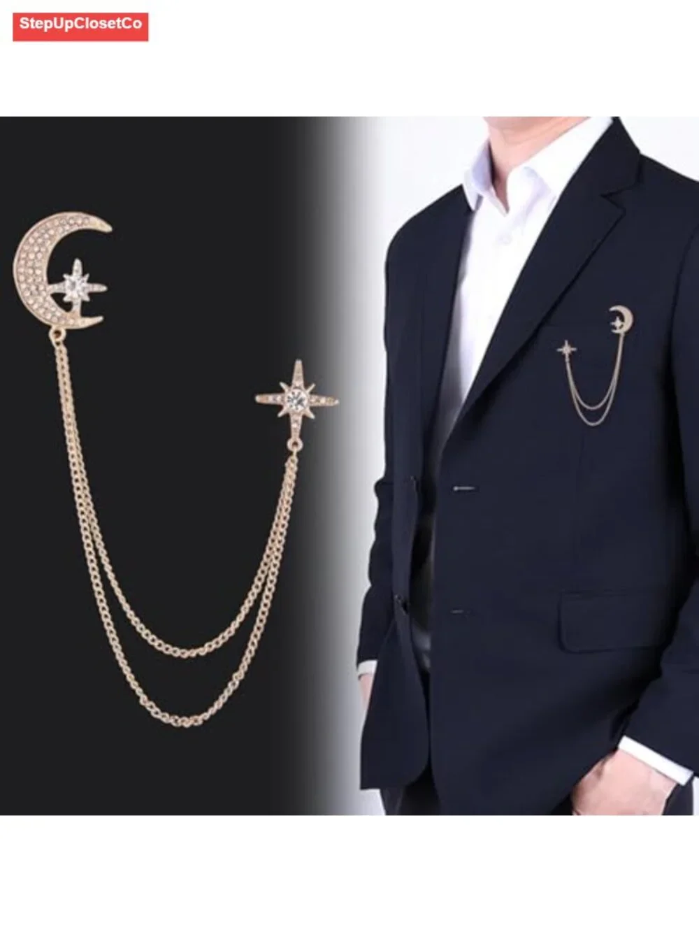 Moon Star Rhinestone Brooch with Gold Tassel Unisex Pins
